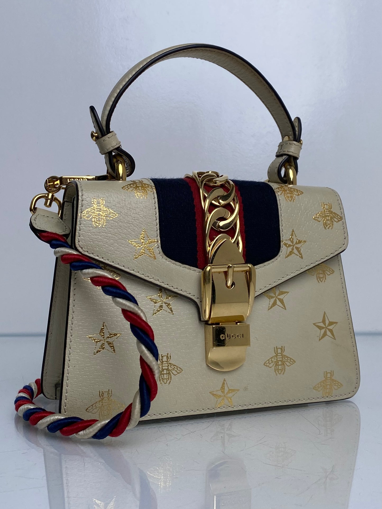 Gucci Cream & Webstripe Bee & Star Sylvie Top Handle Bag GHW