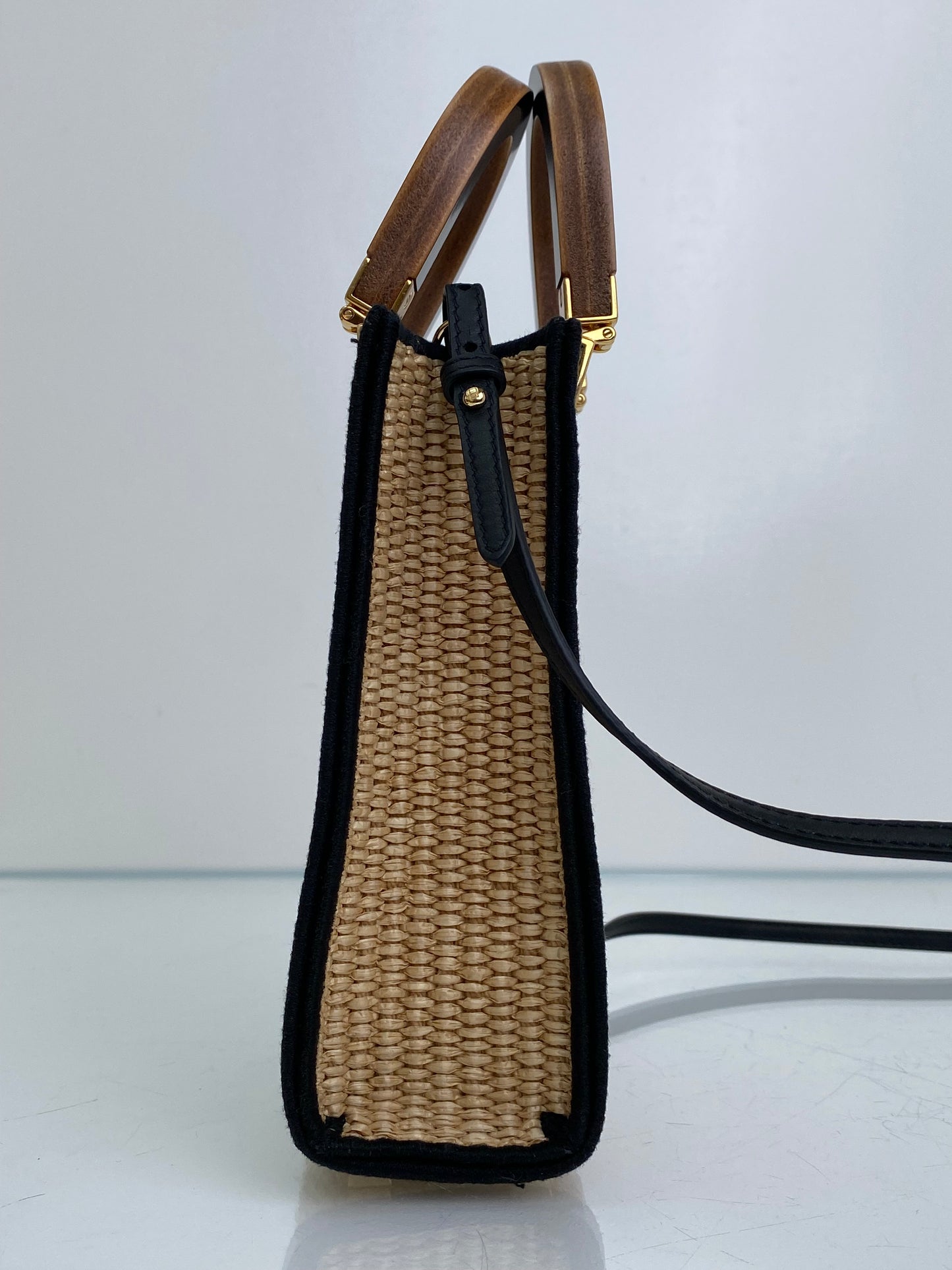 Fendi Tan & Black Raffia Sunshine Mini Shopper Tote Bag GHW