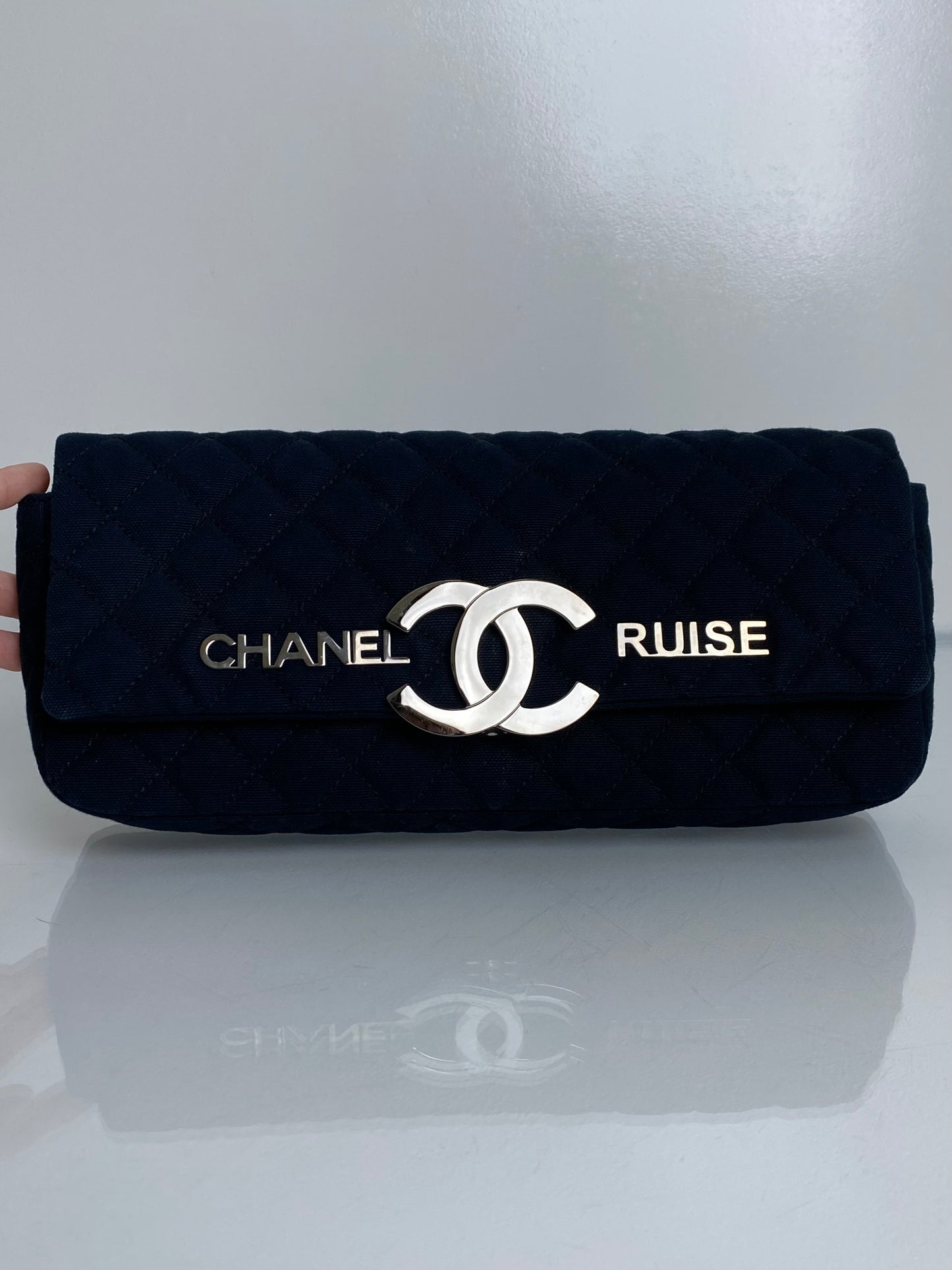 Chanel Cruise Black Canvas Quilted Clutch SHW