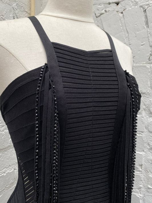 Herve Leger Black Sequin Fringe Bondage Dress, S
