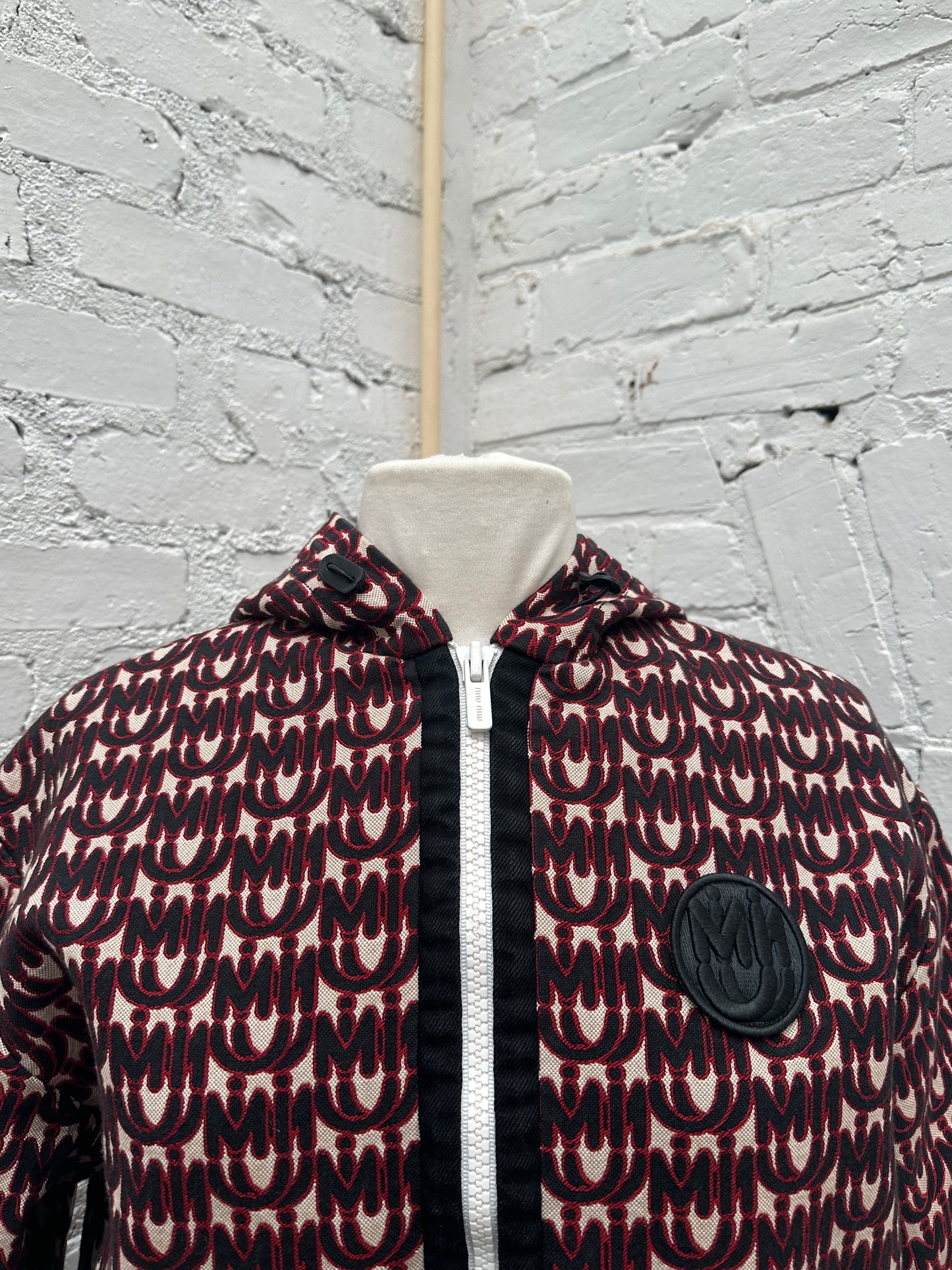 Miu Miu Black & Red Printed Logo Zip-up Hooded Jacket, M