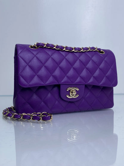 Chanel Purple Caviar Small Double Flap Bag GHW