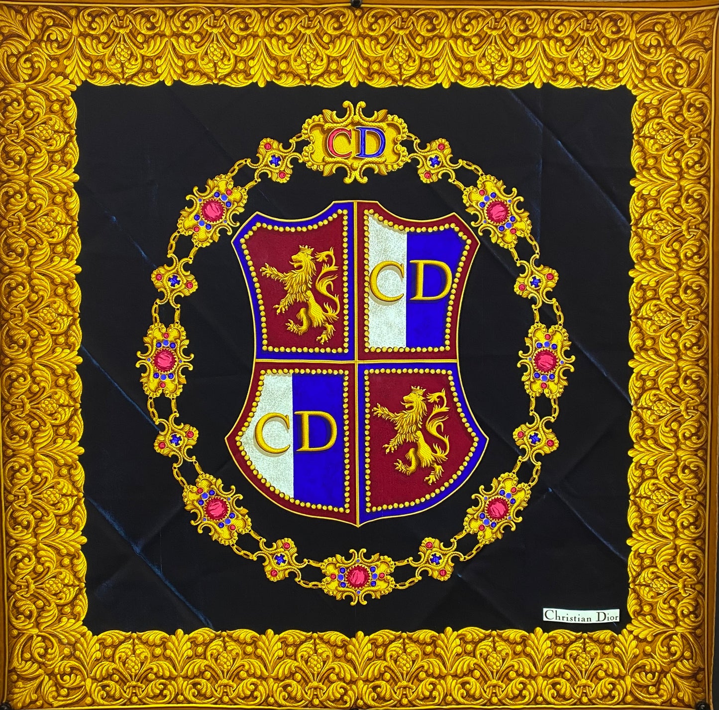 Dior Vintage Black, Burgundy, Blue, & Gold Silk Scarf