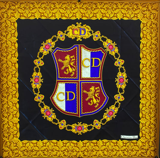 Dior Vintage Black, Burgundy, Blue, & Gold Silk Scarf