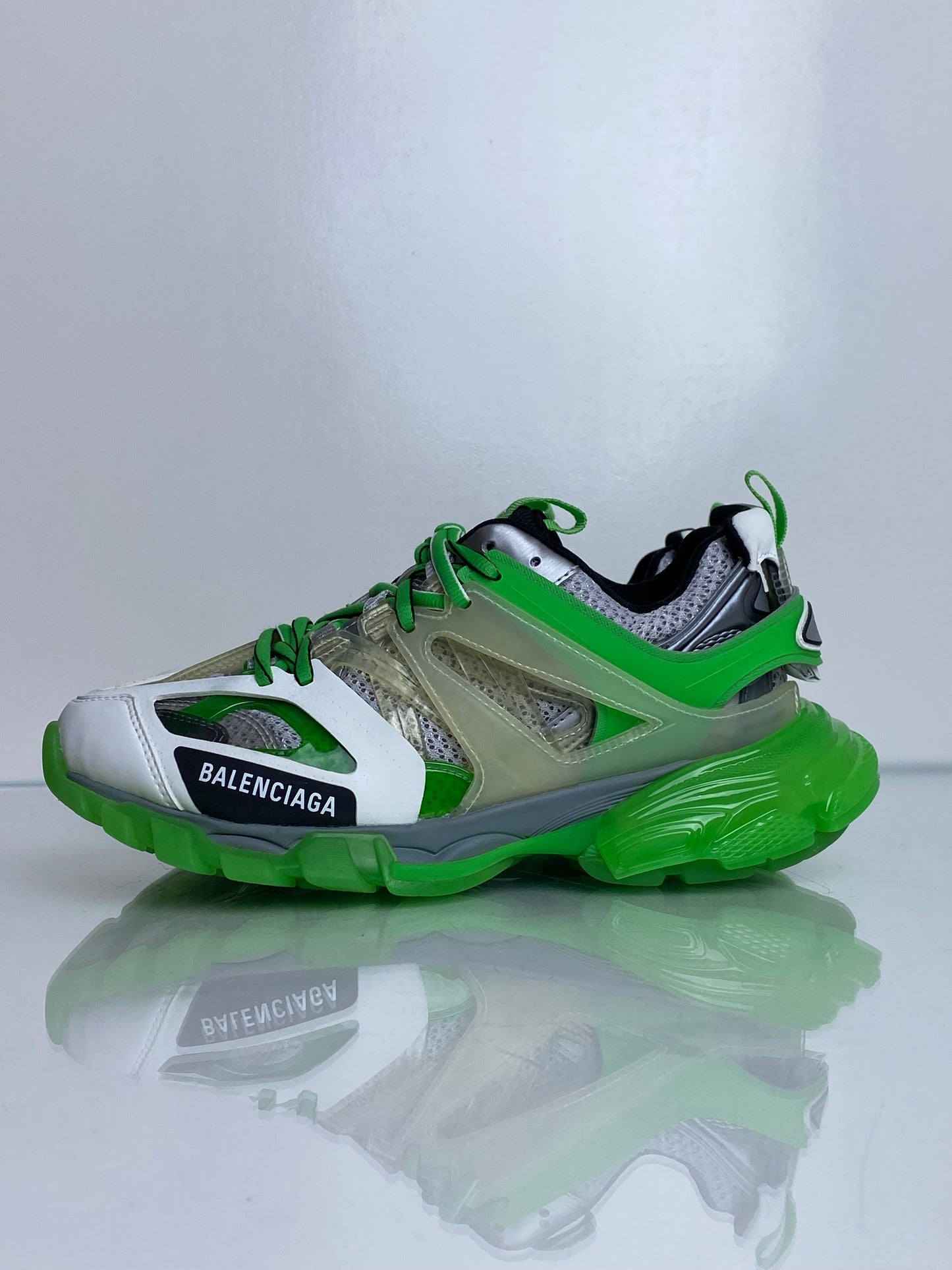 BALENCIAGA White, Grey, & Green Track Sneakers, 9