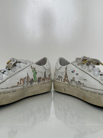 Golden Goose White & Gold “NYC” & “Paris” Hi Star Sneakers, 37