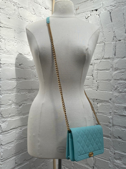 Chanel Tiffany Blue Caviar Boy Wallet On Chain GHW