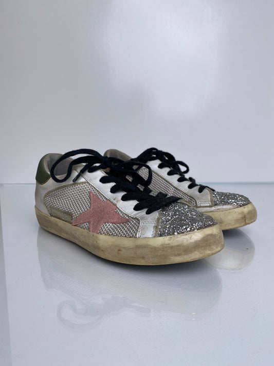 Golden Goose White Leather, Silver Sparkle & Pink Star Superstar Sneakers, 36