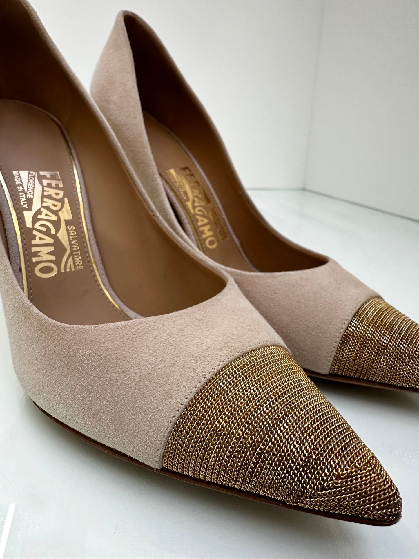 Salvatore Ferragamo Cream Suede & Gold Toe Heels