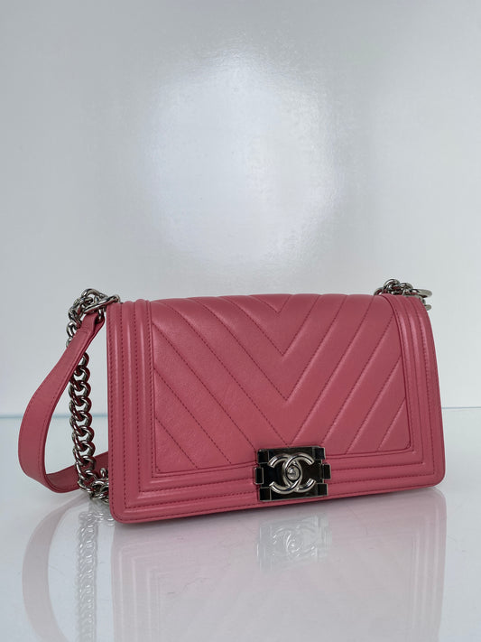 Chanel Boy Medium Pink Chevron Calfskin SHW