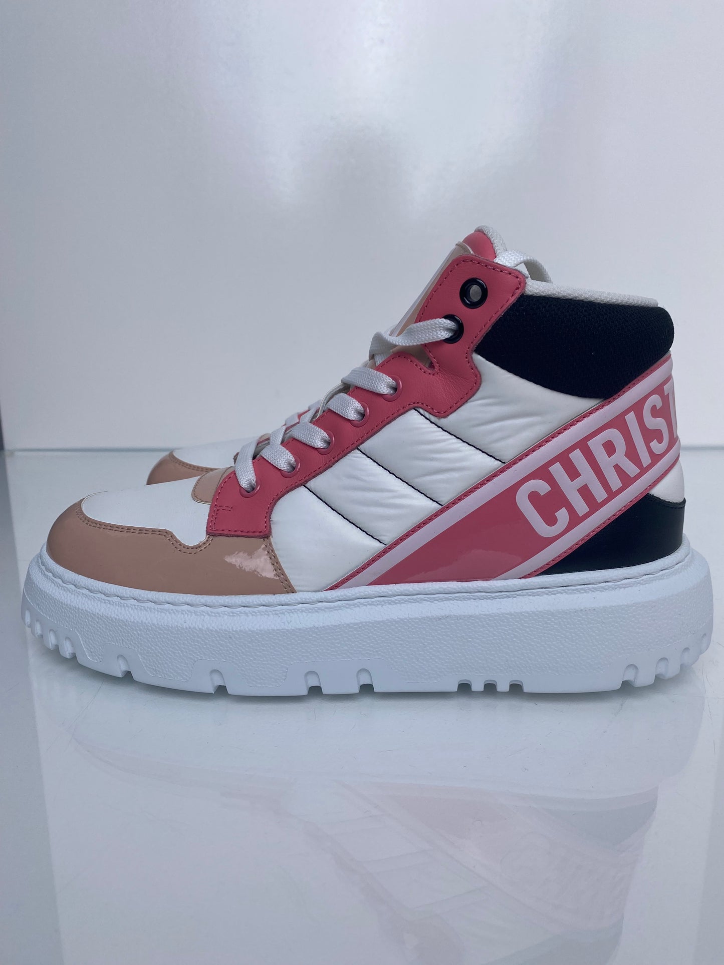 Dior White, Pink, & Tan Patent D Player High Top Sneakers, 38.5