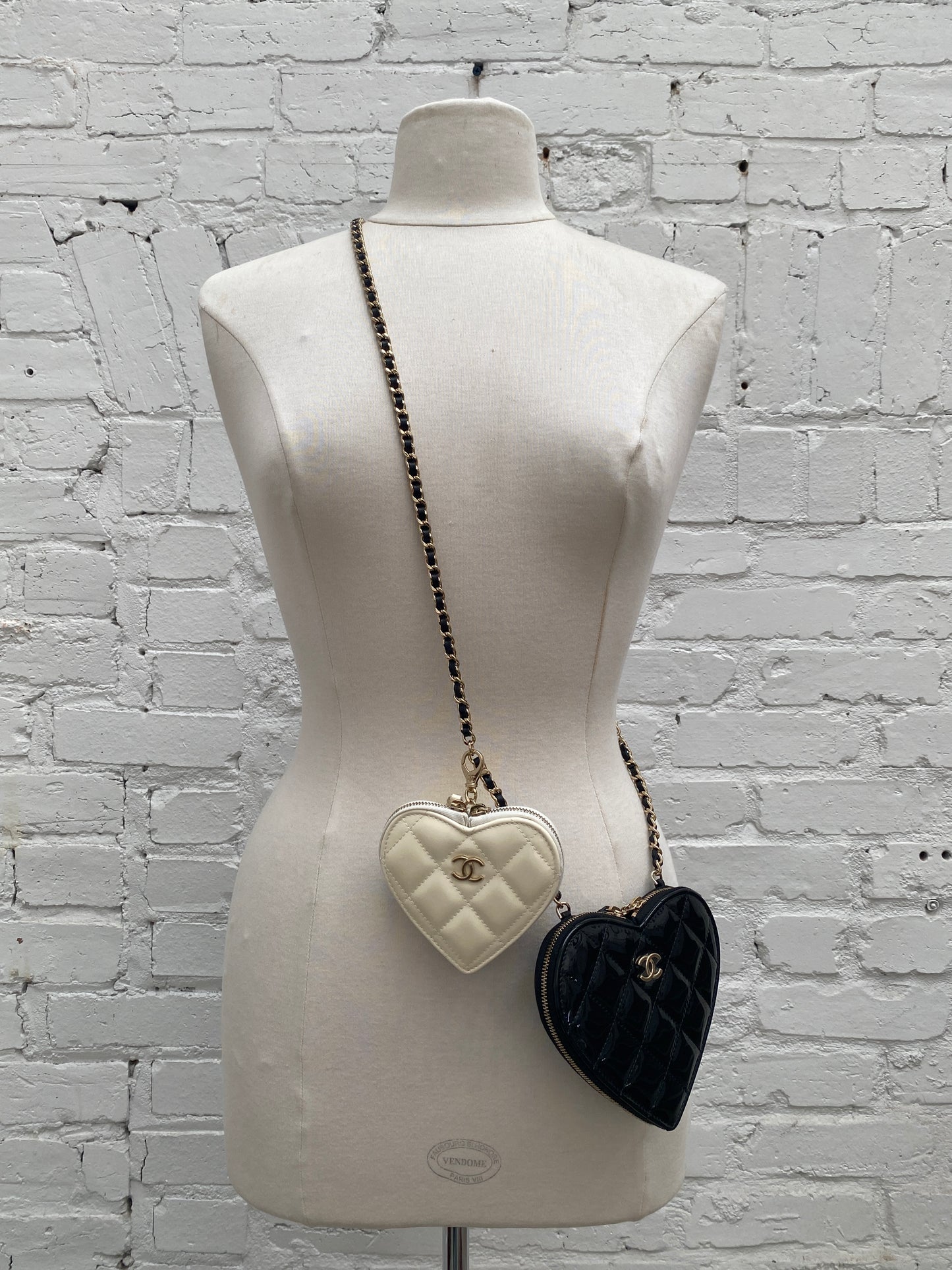 Chanel White & Black Patent Heart Chain Clutches on Chain Bag GHW