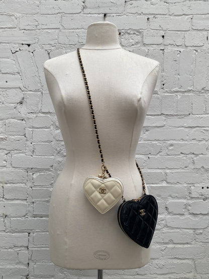 Chanel White & Black Patent Heart Chain Clutches on Chain Bag GHW