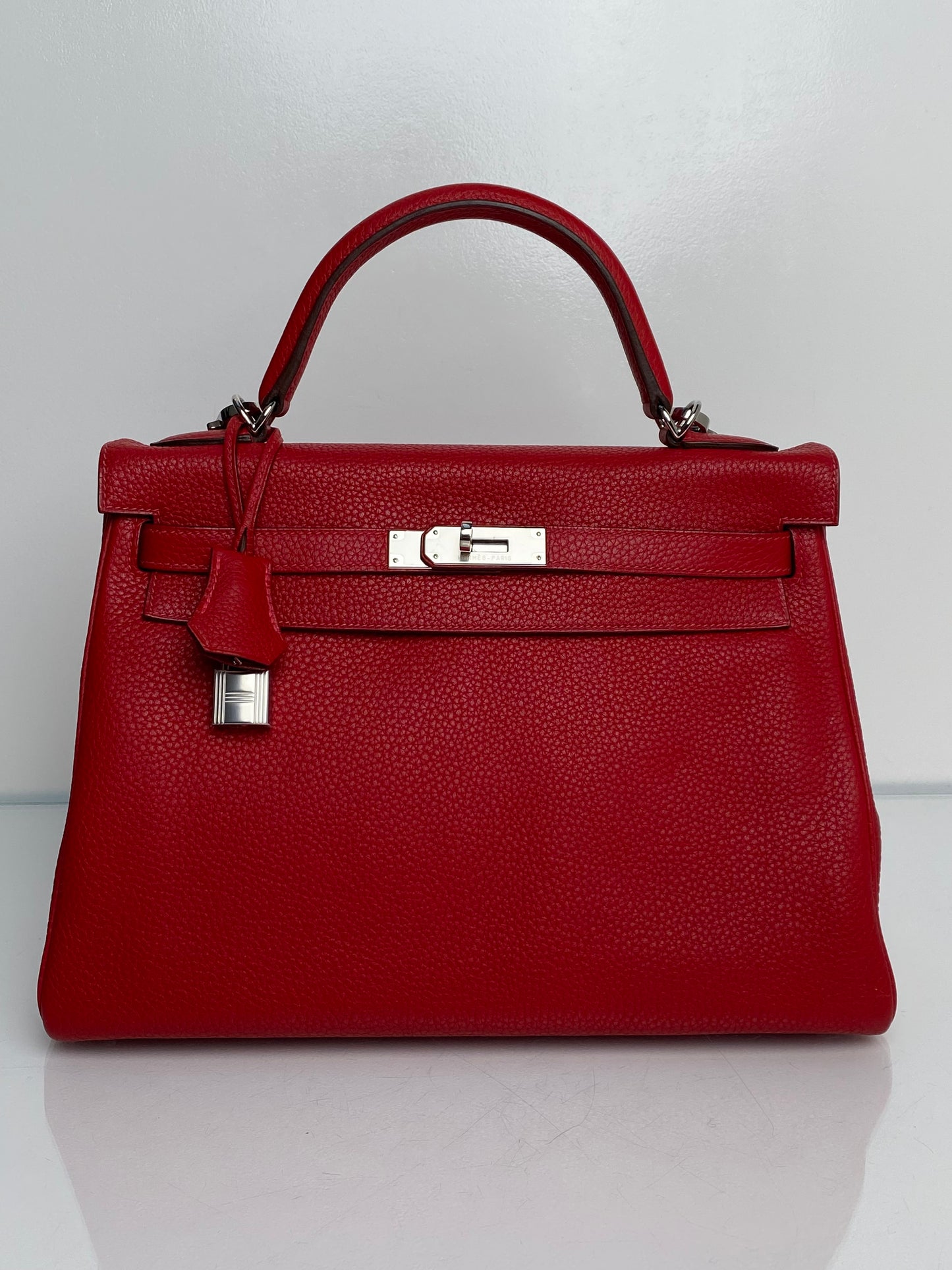 Hermes Kelly 32 Rouge Casaque Togo Retourne PHW w / Canvas Strap #P