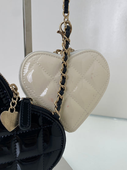 Chanel White & Black Patent Heart Chain Clutches on Chain Bag GHW
