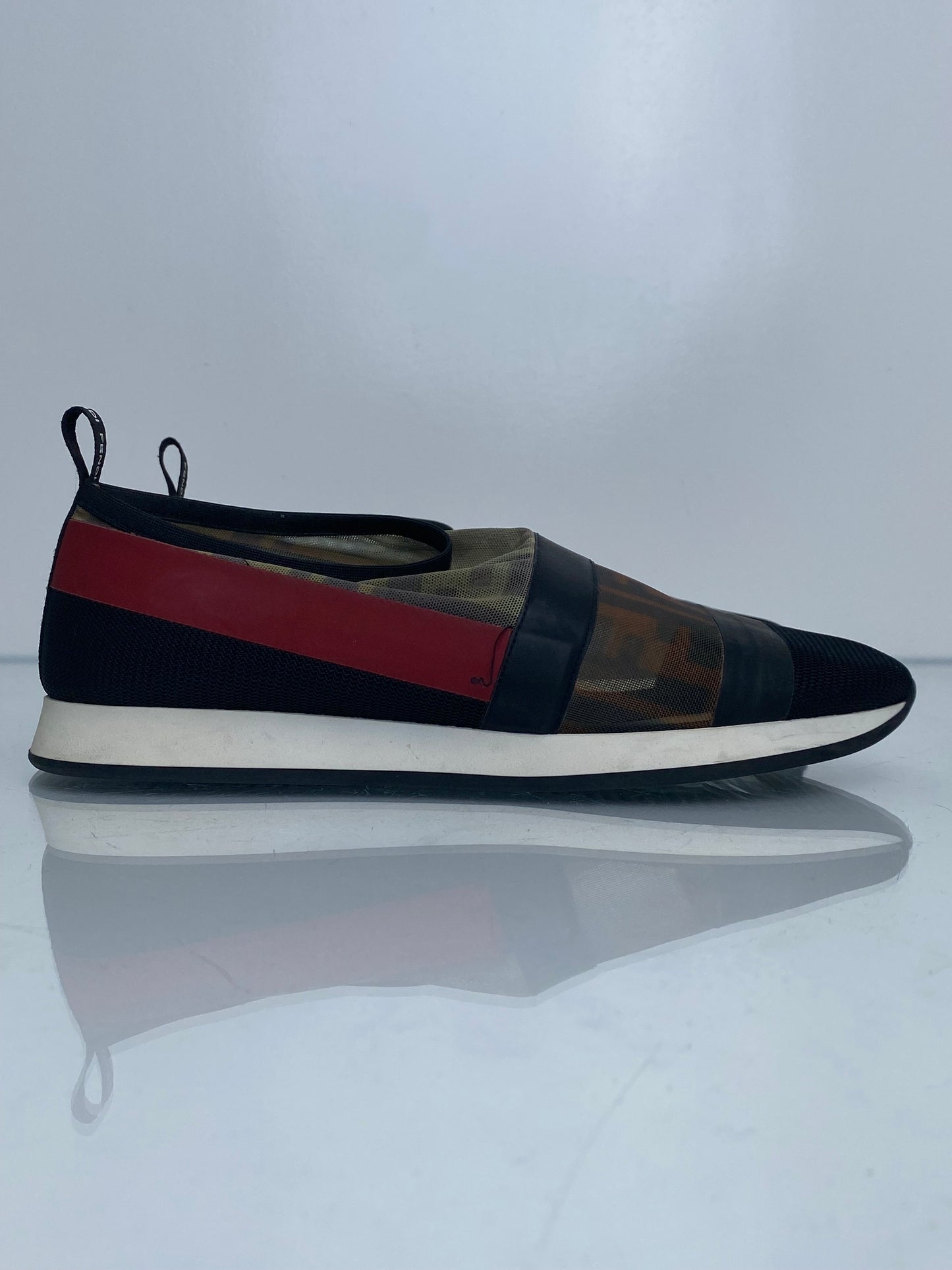 Fendi Red, Black, & Monogram Mesh Slip On Sneakers, 38