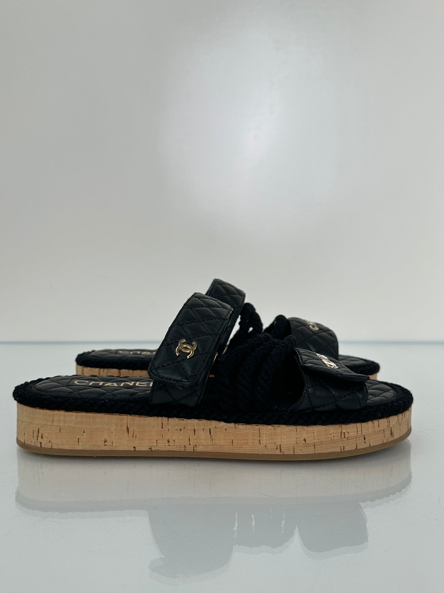 Chanel Black Quilted & Rope “Chanel” Logo Sandals, 39