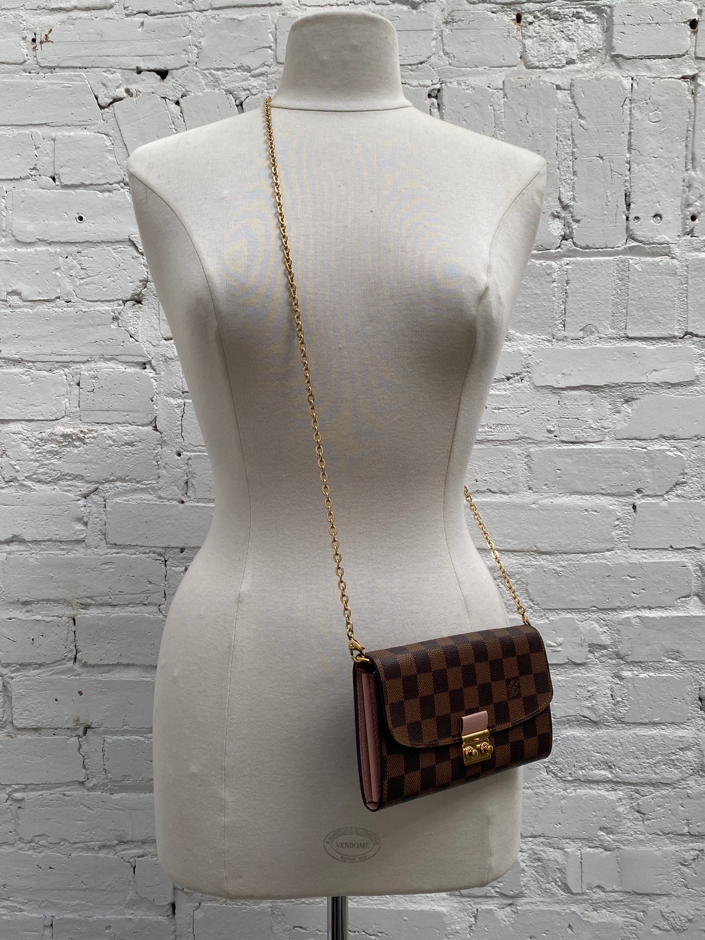 Louis Vuitton Pink & Damier Ebene Croisette Wallet On The Chain Bag GHW