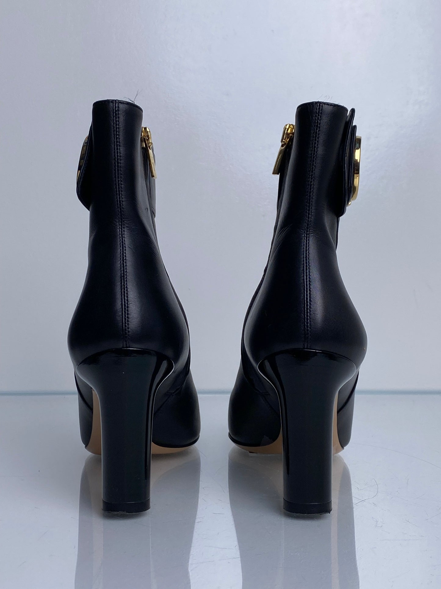 Ferragamo Black & Gold Logo Booties, 6