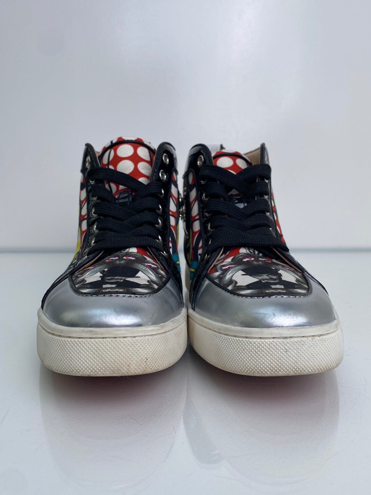 Christian Louboutin Black, Silver, & Multicolor High Top Sneakers, 39