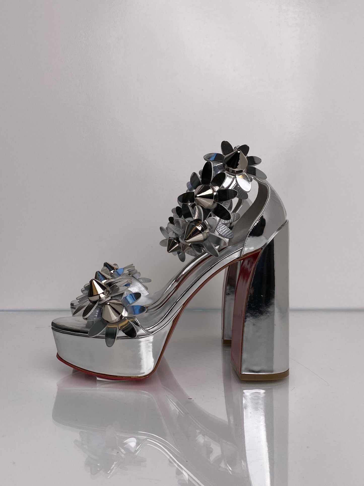 Christian Louboutin Silver Daisy Spike Heels, 39.5