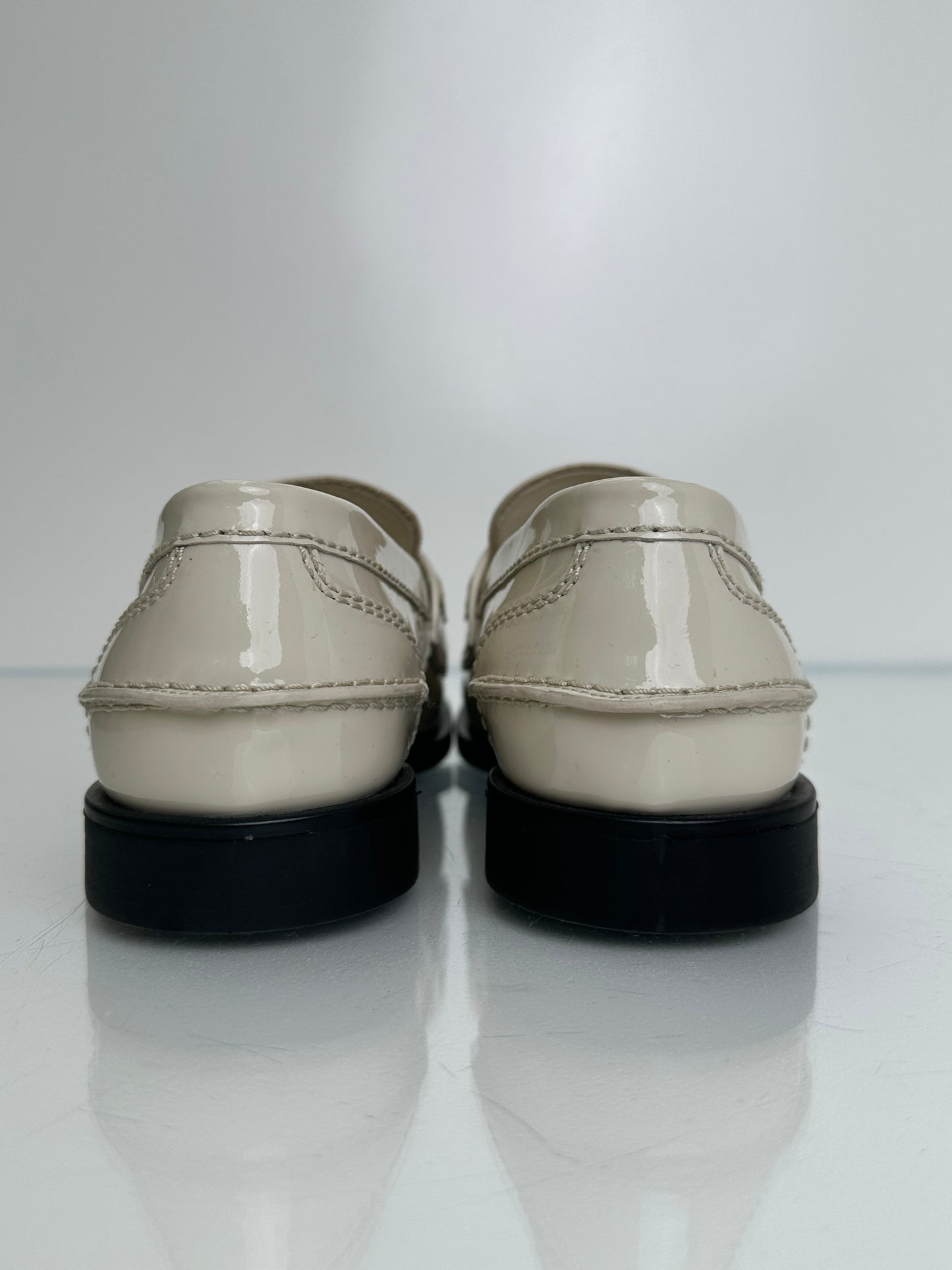 Miu Miu Cream Patent Leather Penny Coin Loafers, 38