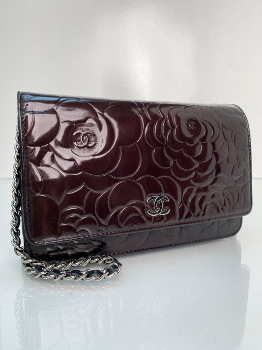 Chanel Dark Brown Patent & Black Camille Wallet On The Chain SHW