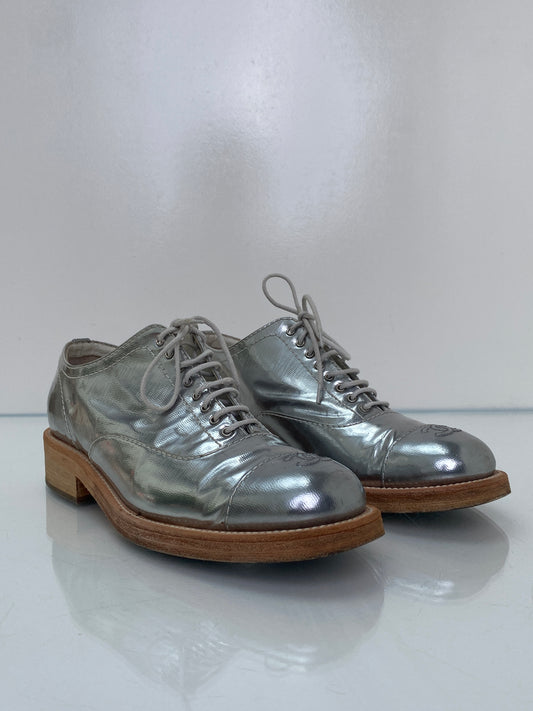 Chanel Silver CC Lace Up Oxfords, 40.5
