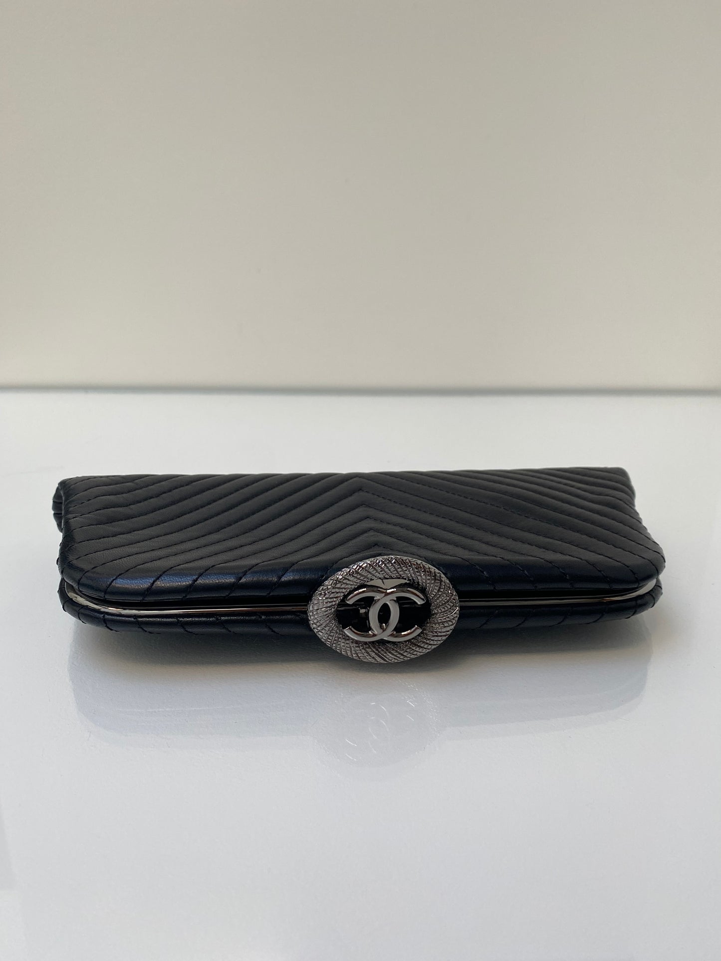 Chanel Surpique Vertical Chevron Black Lambskin Clutch