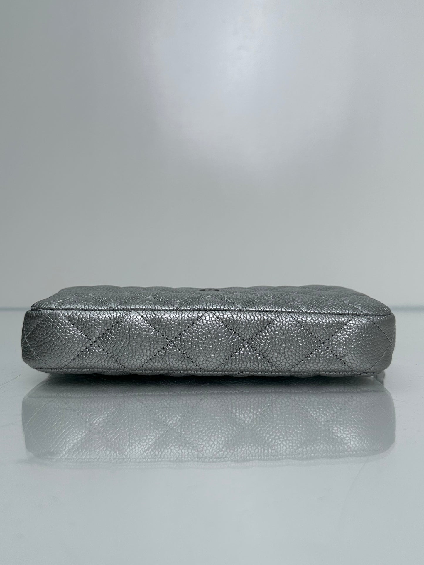 Chanel Double Zip Silver Metallic Caviar Clutch SHW #23