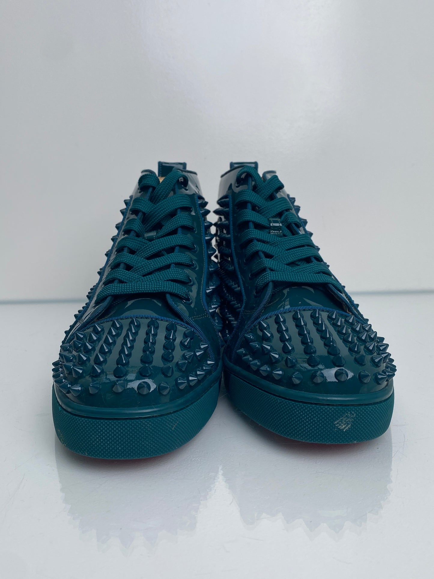 Christian Louboutin Dark Teal Spiked Patent Leather High-Top Sneakers, 43