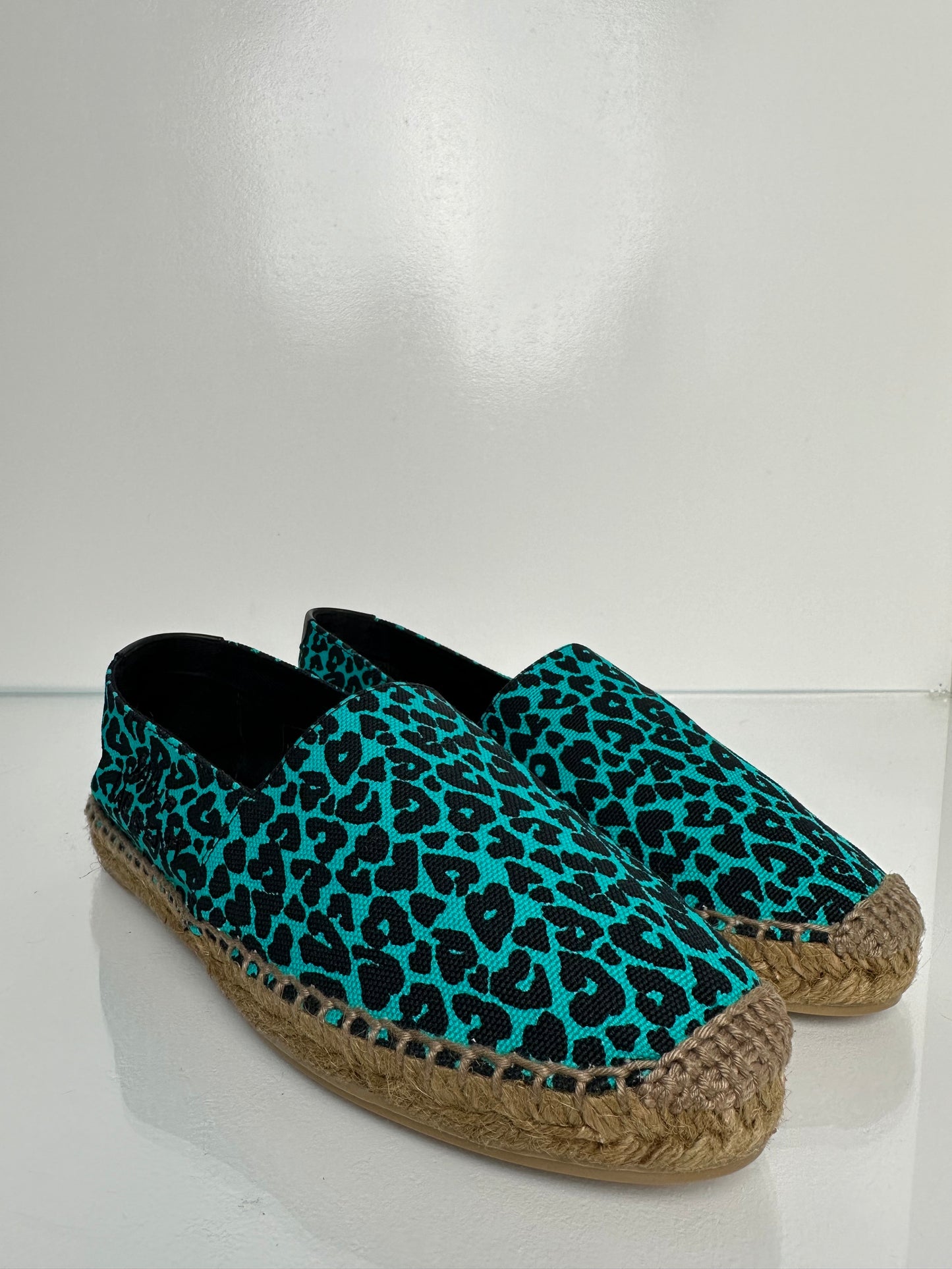 Saint Laurent Black & Teal Leopard Print Loafers, 36.5