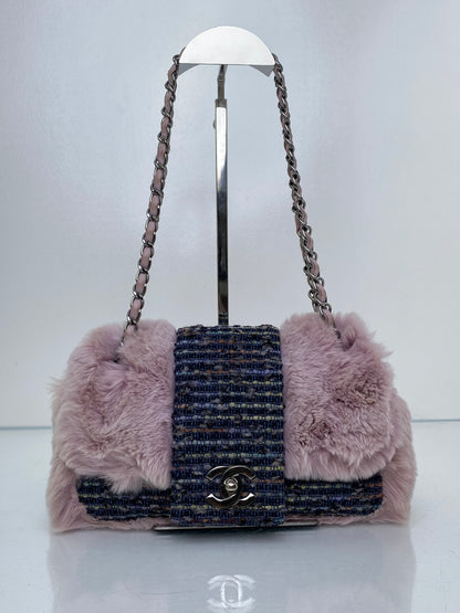 Chanel Pink Rabbit Fur-Trimmed & Blue Tweed Fantasy Flap Shoulder Bag RHW