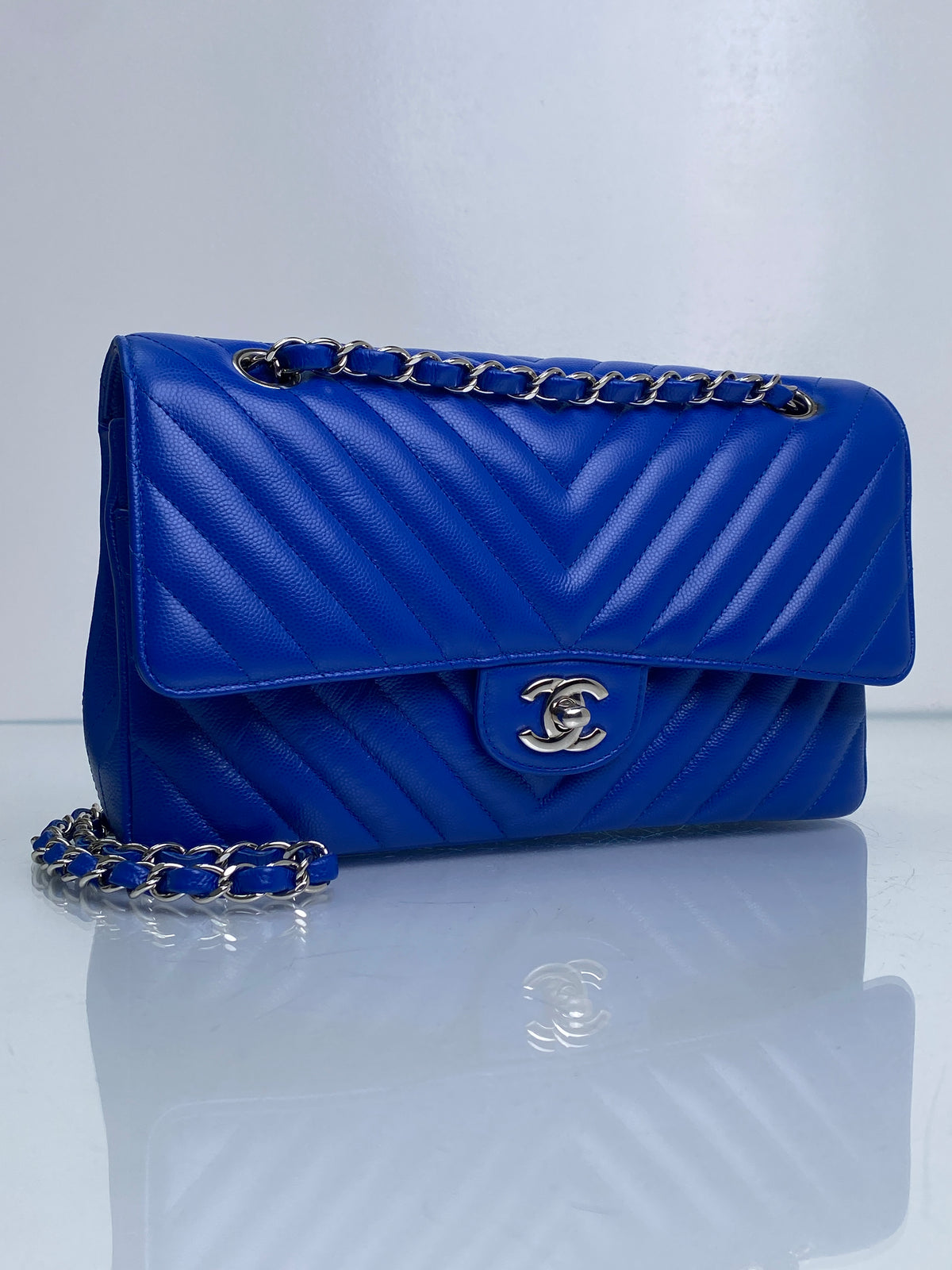 Chanel Blue Caviar Chevron Medium Classic Flap Bag SHW #22