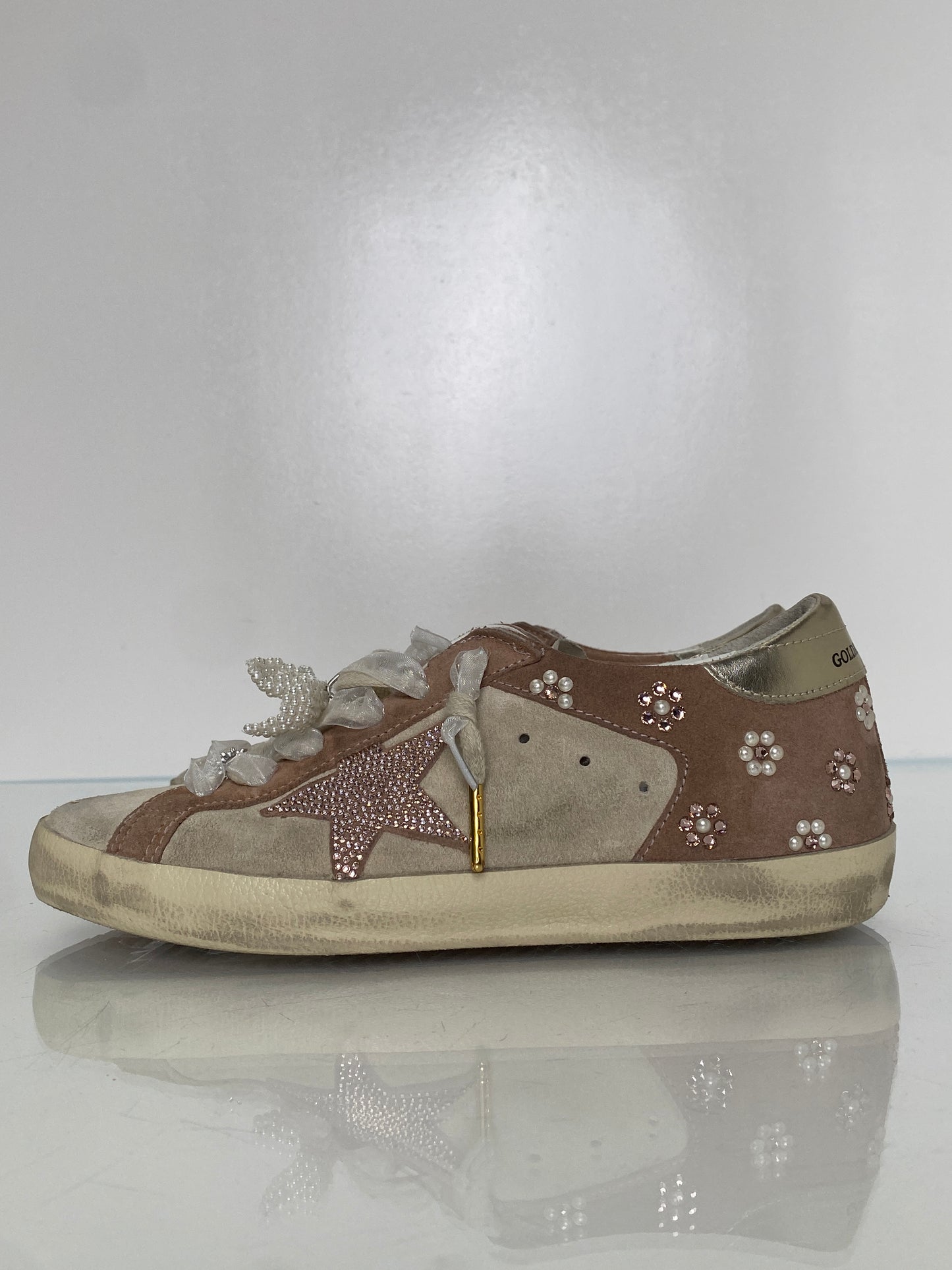 Golden Goose Pink & Tan Suede Pearl Flower Sneakers, 37