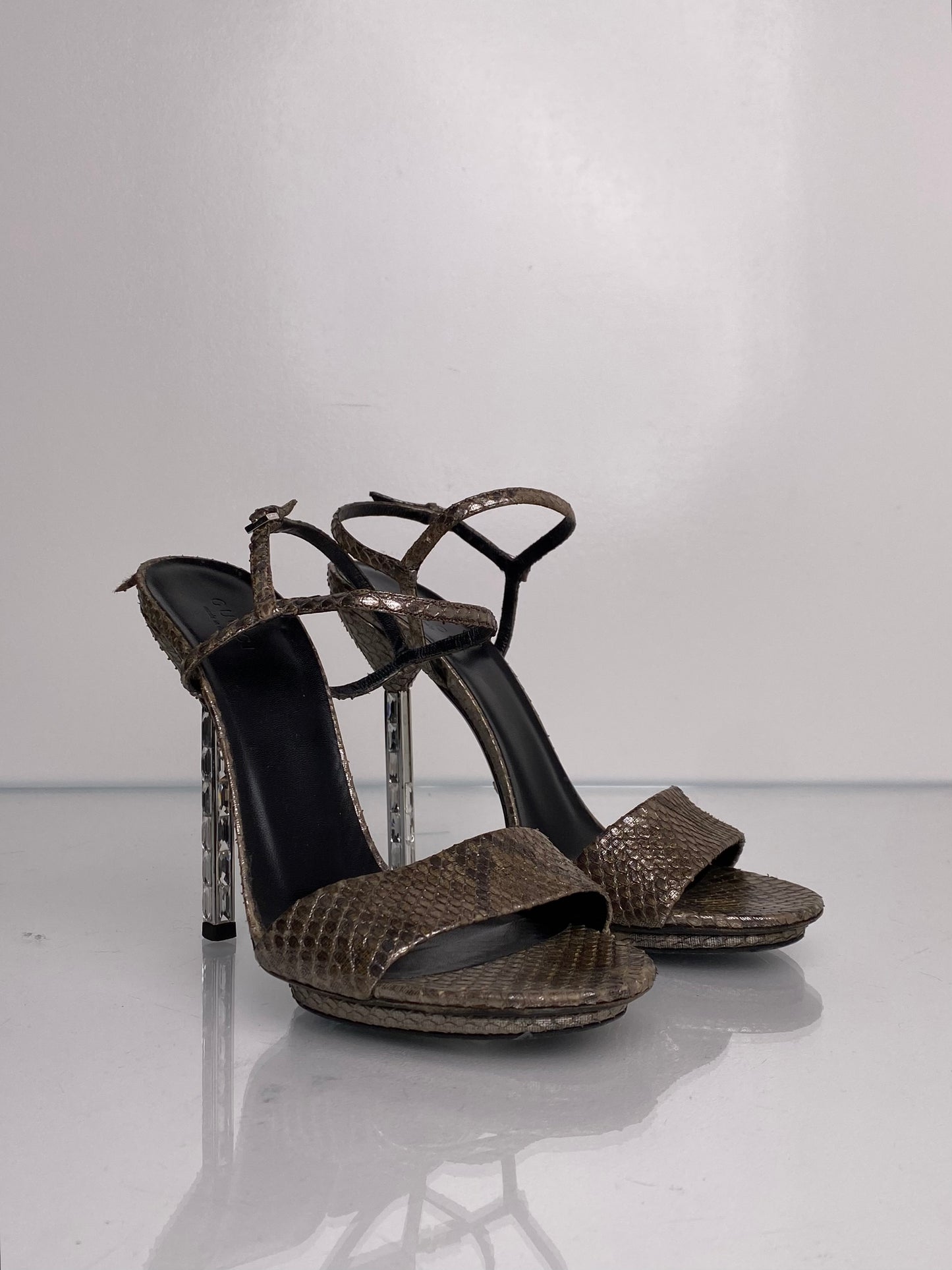 Gucci Silver Metallic Python & Crystal Heels, 38.5