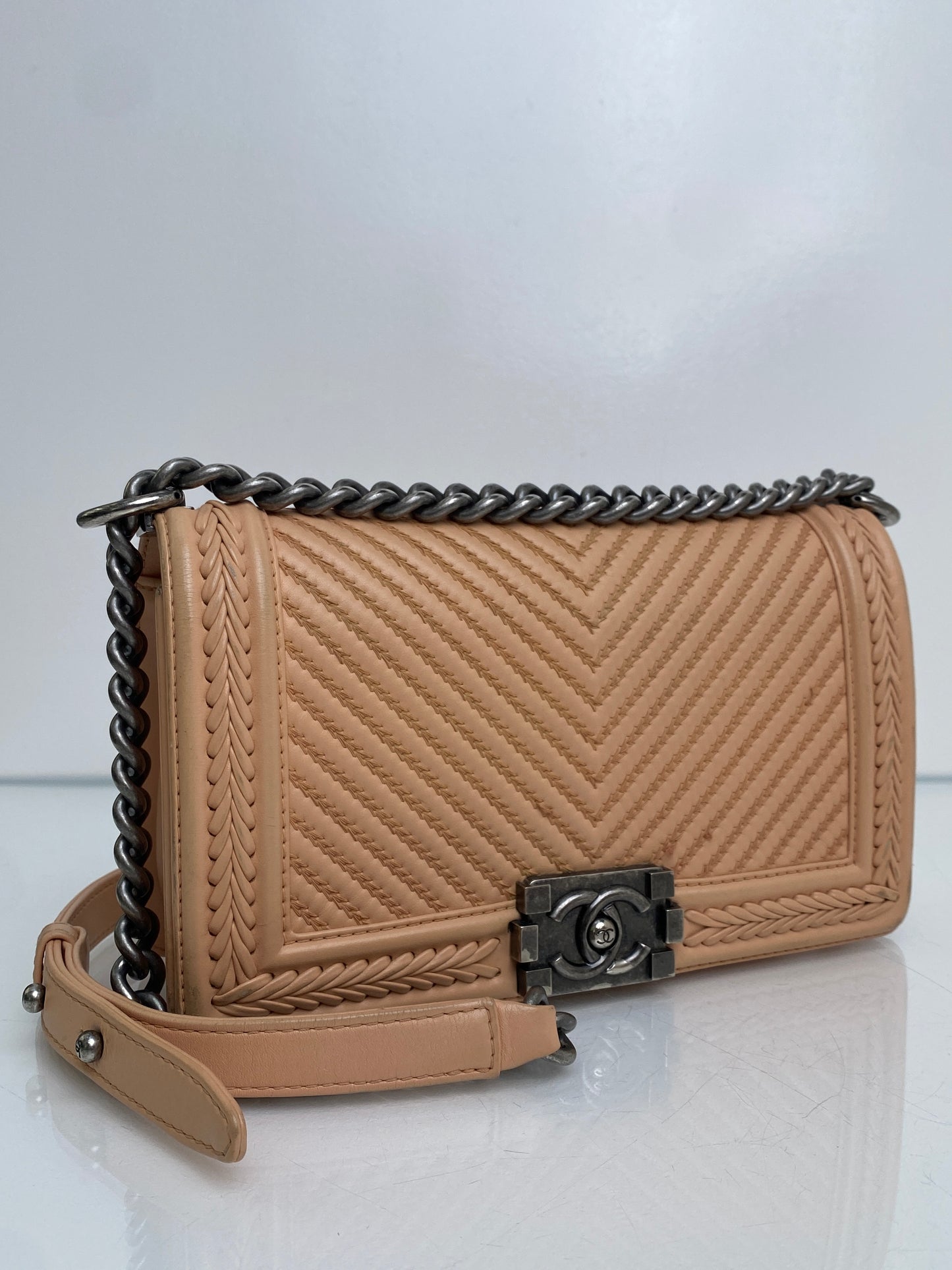 Chanel Medium Boy Bag Beige Stitched Chevron RHW #23