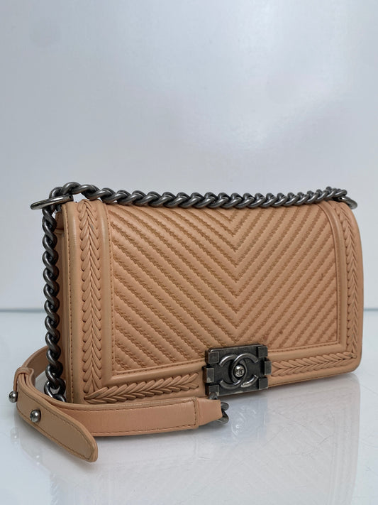 Chanel Medium Boy Bag Beige Stitched Chevron RHW #23