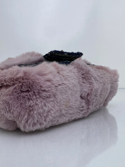 Chanel Pink Rabbit Fur-Trimmed & Blue Tweed Fantasy Flap Shoulder Bag RHW