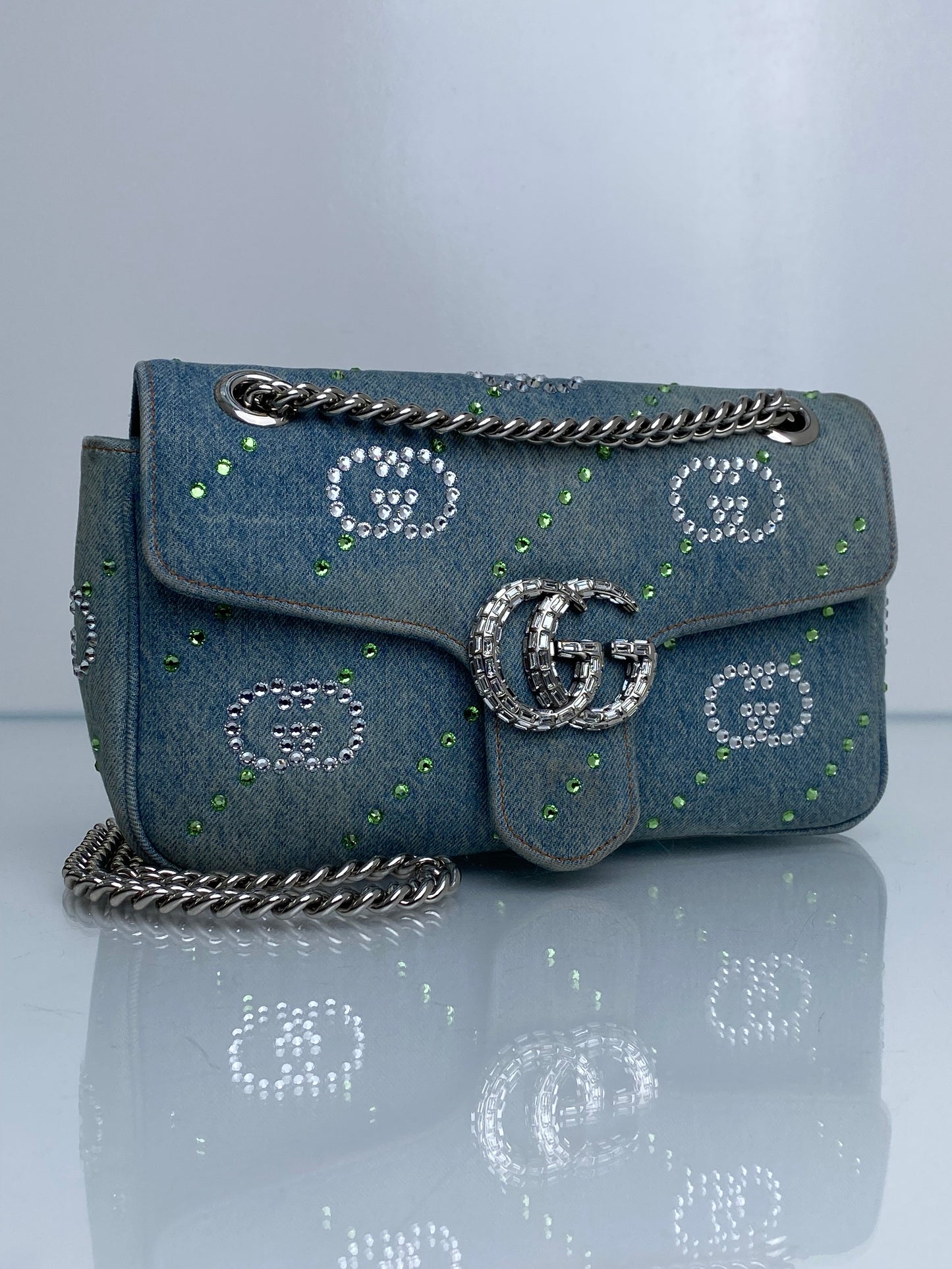 Gucci Denim Crystal Appliqué GG Marmont Shoulder Bag SHW