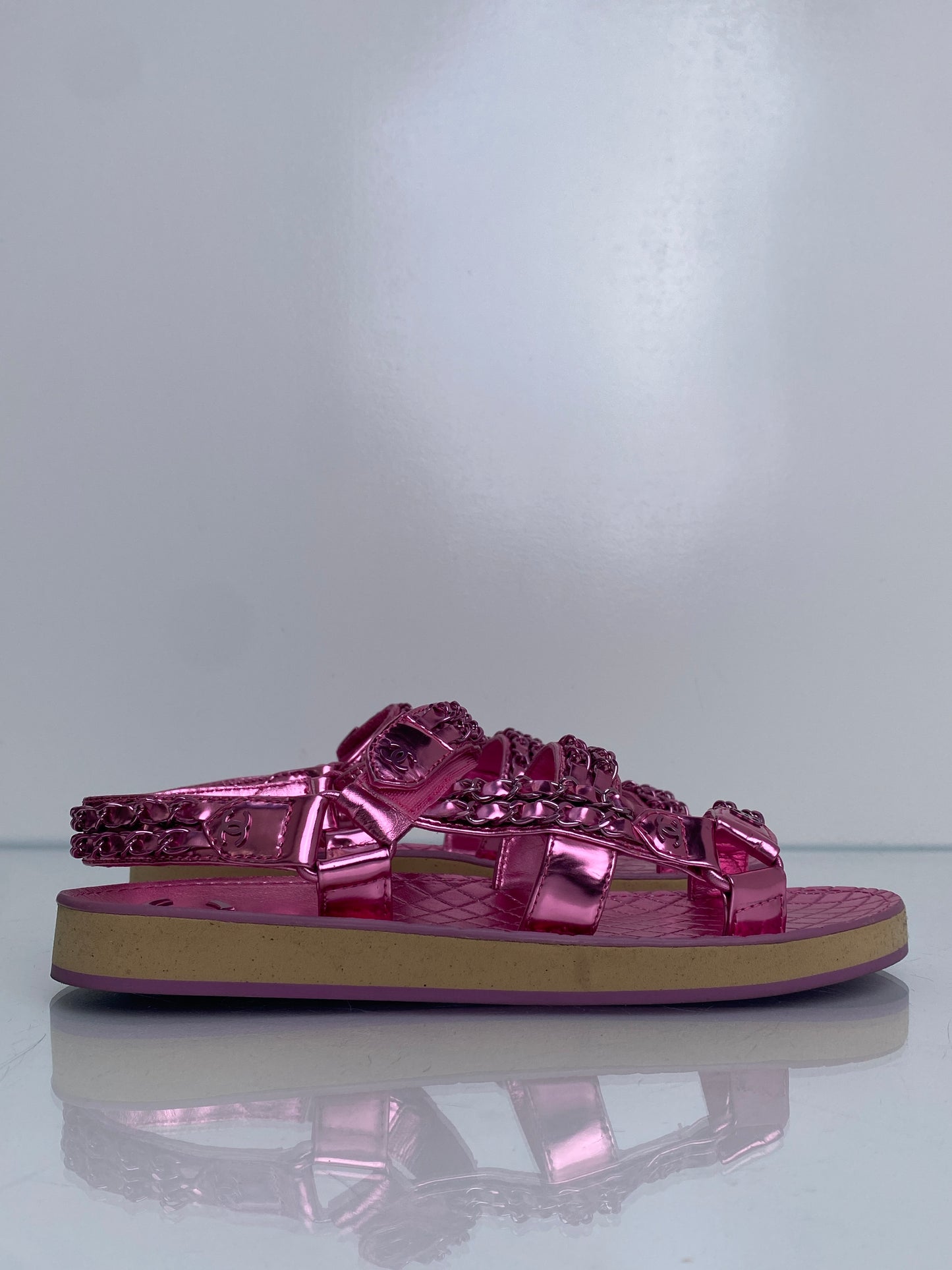 Chanel Pink Metallic Interlocking CC Chain Dad Flat Sandals, 40