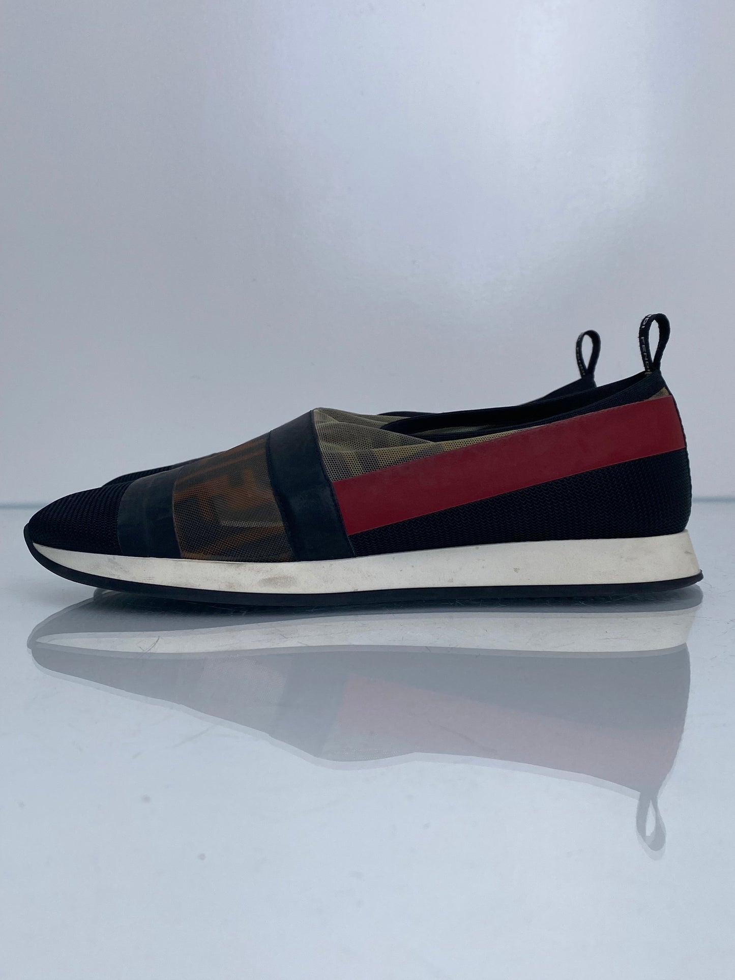 Fendi Red, Black, & Monogram Mesh Slip On Sneakers, 38