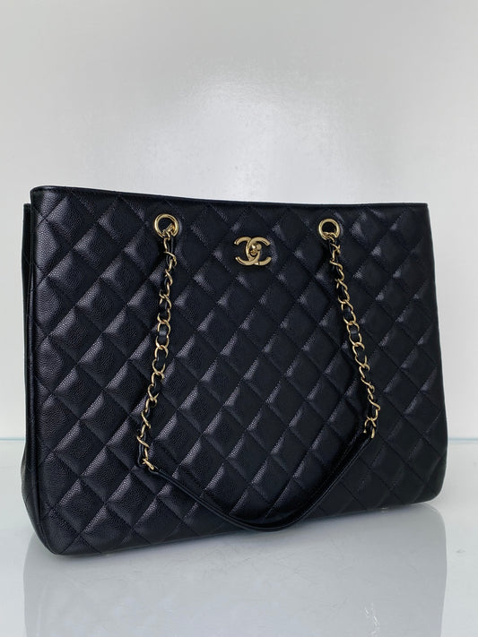 Chanel Black Quilted Caviar Classic CC Shopping Tote Bag GHW