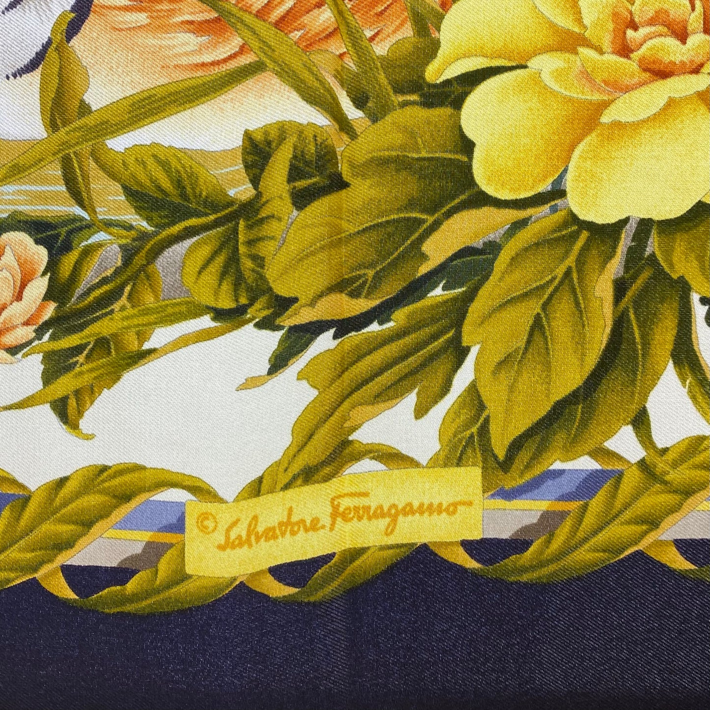 Ferragamo Blue, Gold, & Multicolor Birds Silk Scarf