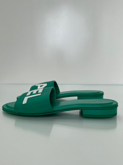 Chanel Emerald Green “CHA-NEL” Sandals, 37