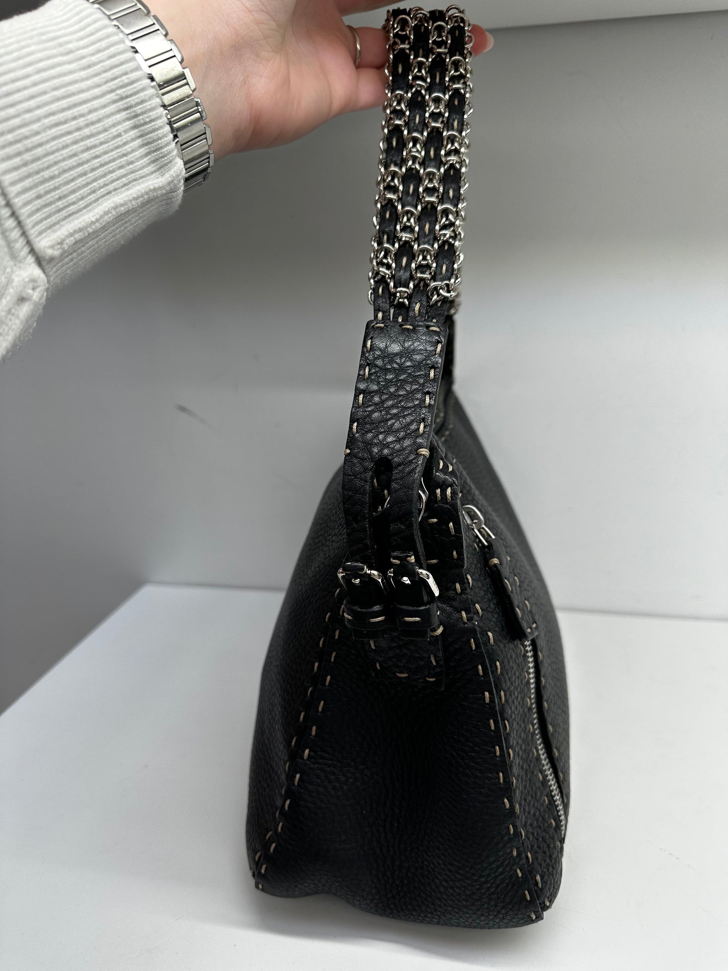 Fendi Vintage Black Leather Silver Detailing Shoulder Bag