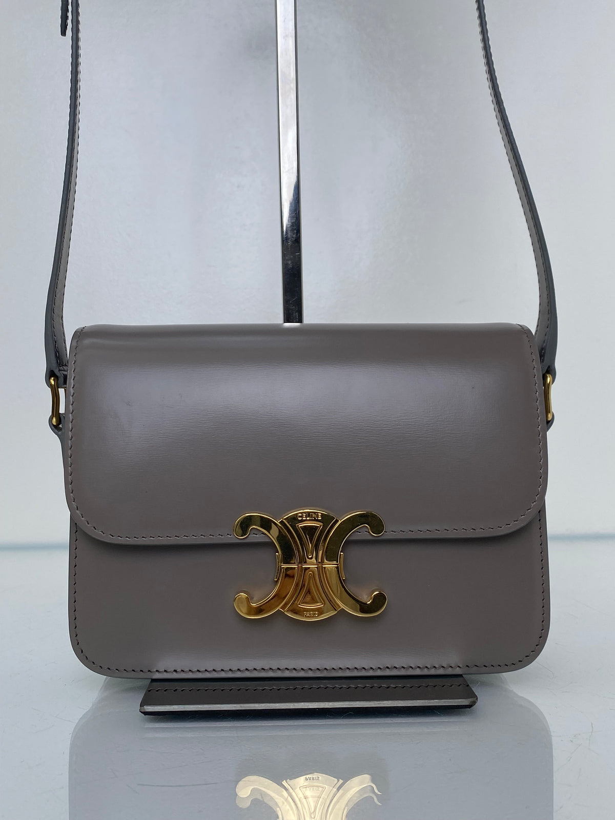Celine Teen Pebble Grey Triomphe Bag in Shiny Calfskin