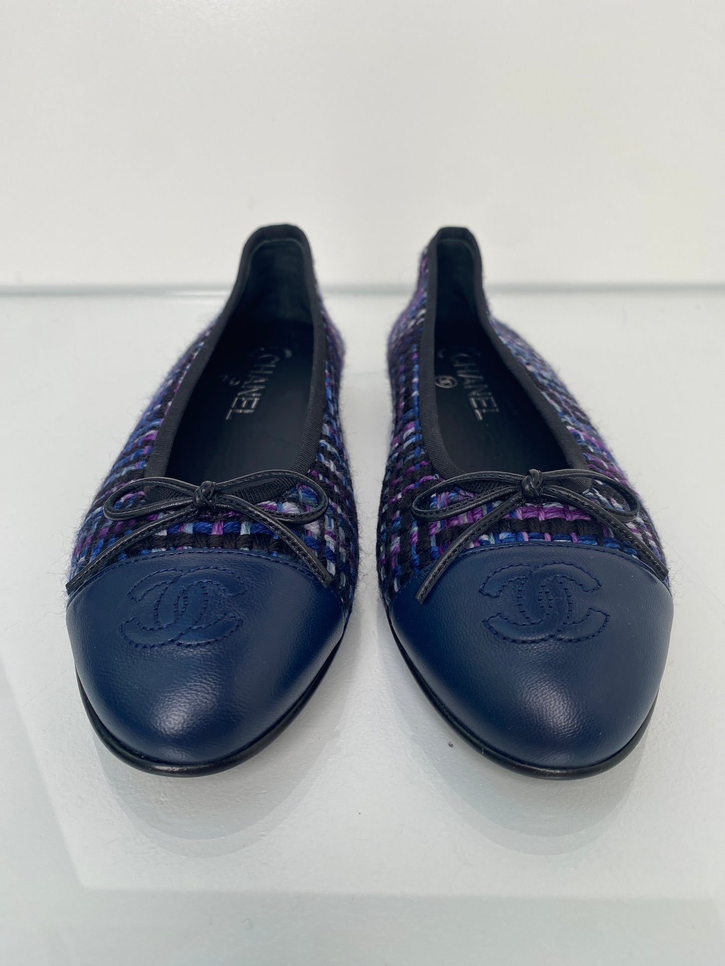 Chanel Interlocking CC Navy & Purple Tweed Ballet Flats, 37.5