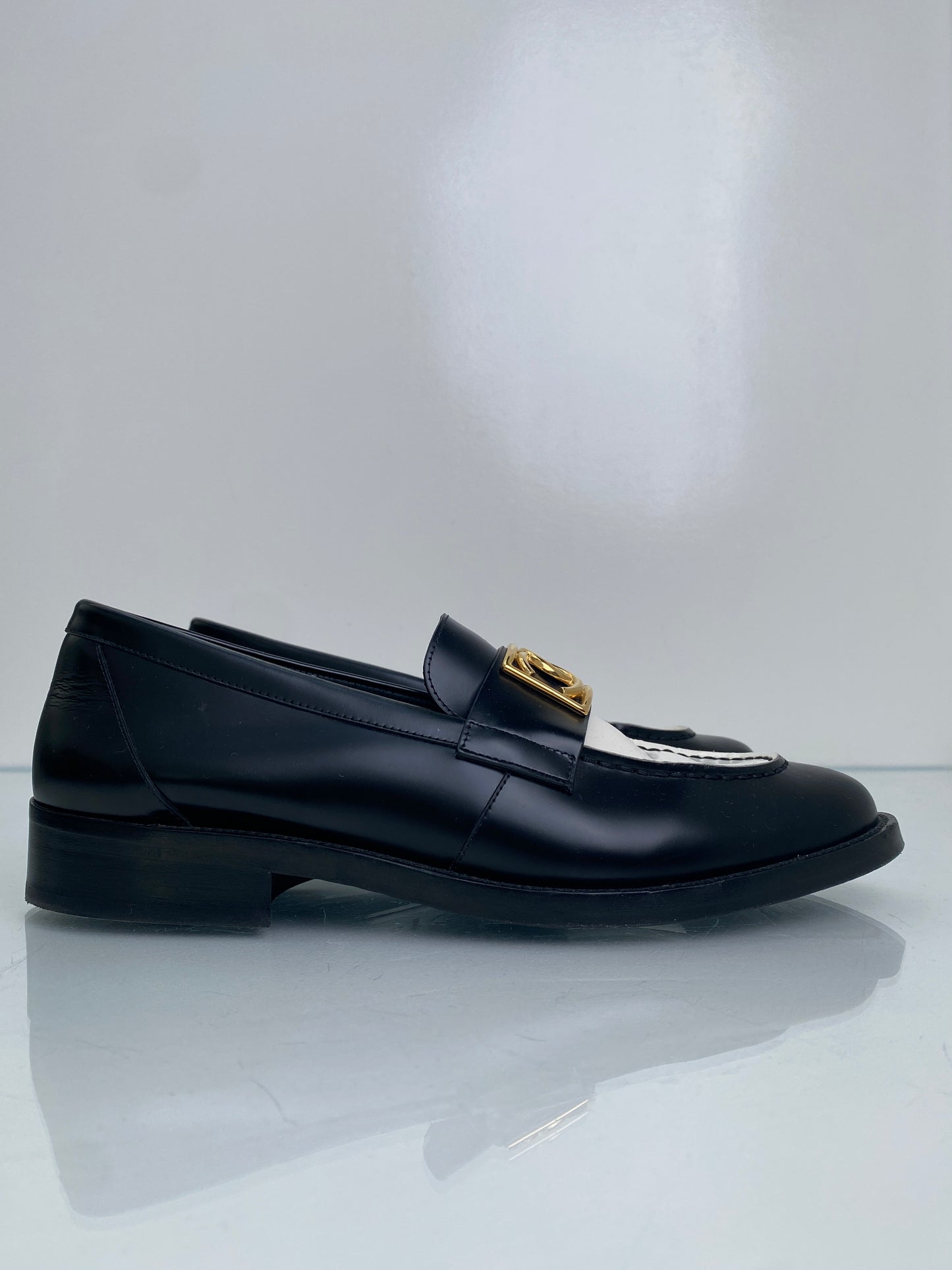 Chanel Black, White, & Gold CC Leather Loafers, 42
