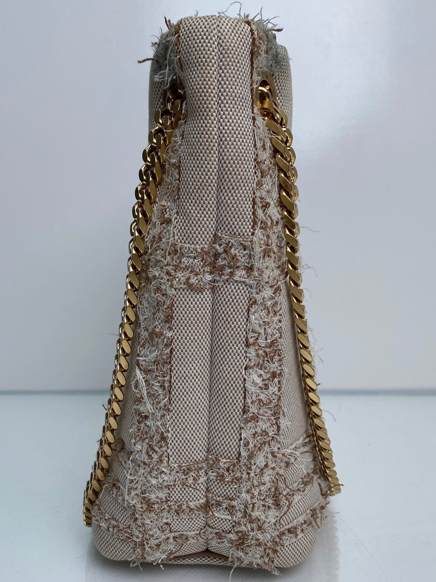 Burberry Tan & Beige Lola Needle Punch Check Canvas Small Bucket Bag GHW